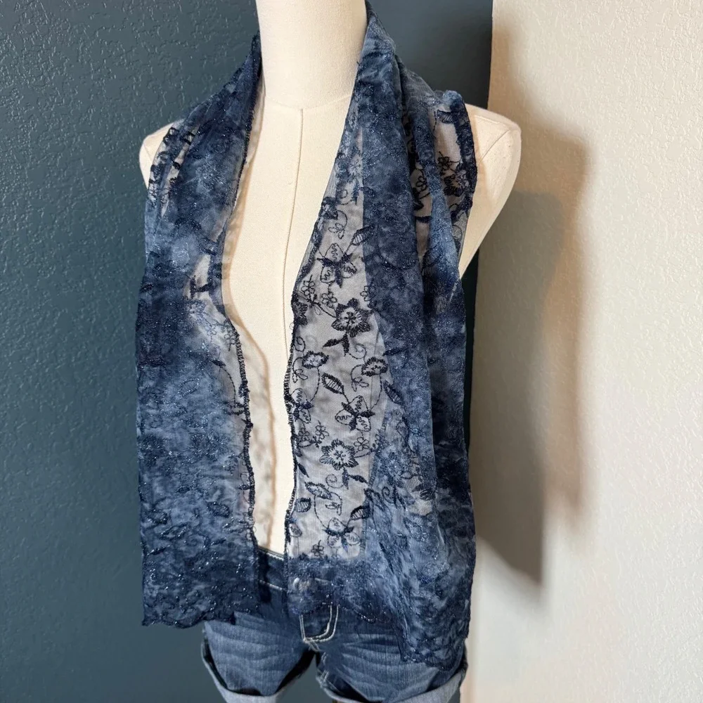 Whimsigoth Fairycore Metallic Floral Lace Scarf OS Blue